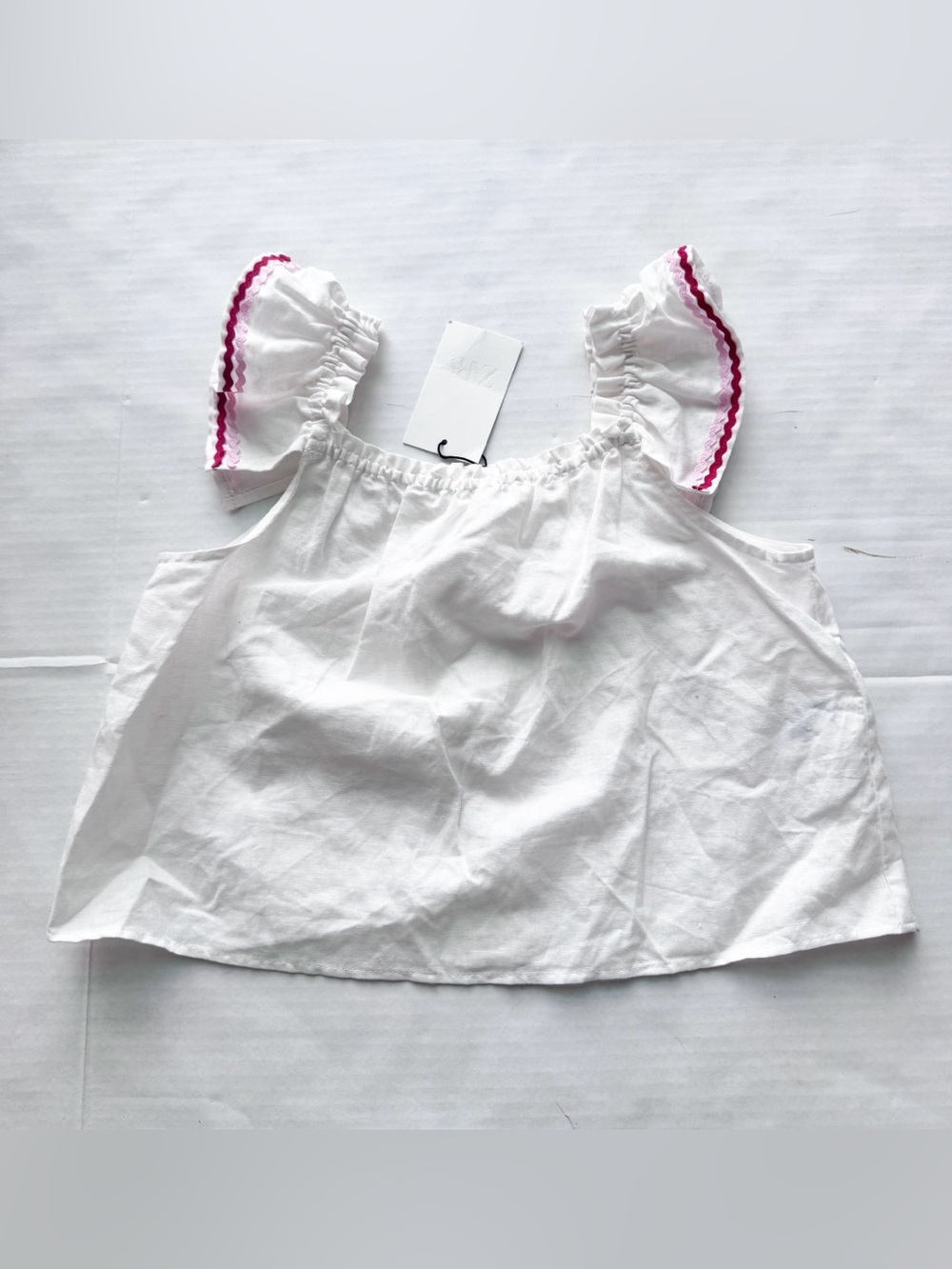 Zara Girl New Linen Top with Flutter Sleeves & Ribbon Edging
NWT